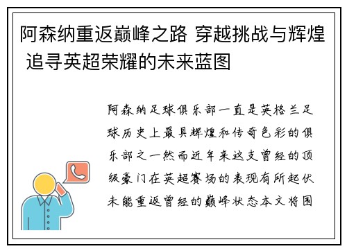 阿森纳重返巅峰之路 穿越挑战与辉煌 追寻英超荣耀的未来蓝图